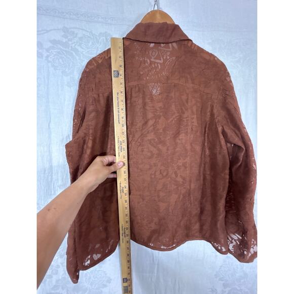 Chicos Button Up 2 Large Brown Sheer Abstract Linen Blend Jacket - Picture 13 of 13